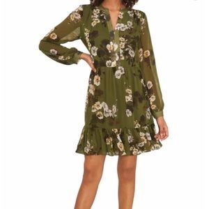Vince Camino Long Sleeve Flounce Dress Olive Floral Size XL